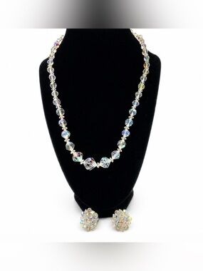 Aurora Borealis AB Single Strand Faceted Crystal Glass Choker Necklace Earrings